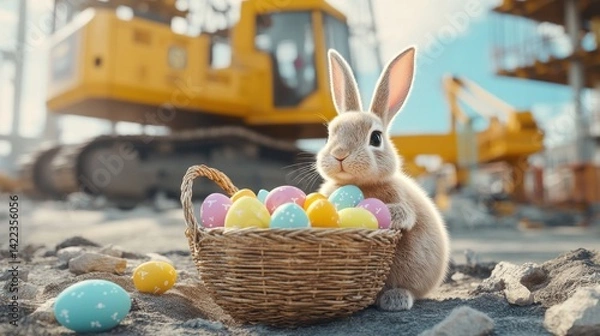 Fototapeta Easter rabbit and basket full of colorful Easter eggs inside a construction site with construction machinery in the background. Concept of Easter celebration during working.