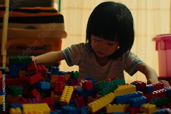 Fototapeta Child with Autism Engaged in Building Blocks Play in Warm Light