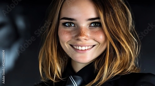 Fototapeta Close-up portrait of a smiling woman with freckles and blonde highlights