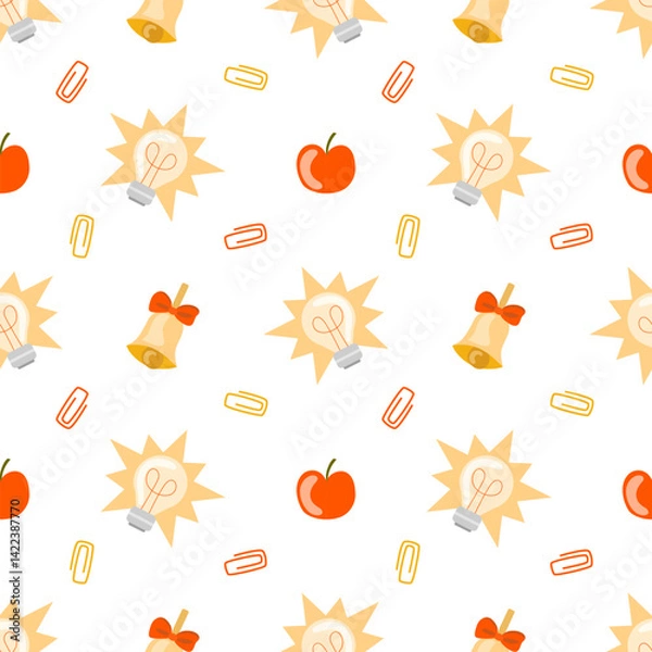 Obraz Seamless school-themed pattern with light bulbs, apples, bells with red bows, and paper clips on a white background. Perfect for Back to School, Knowledge Day, and educational designs.