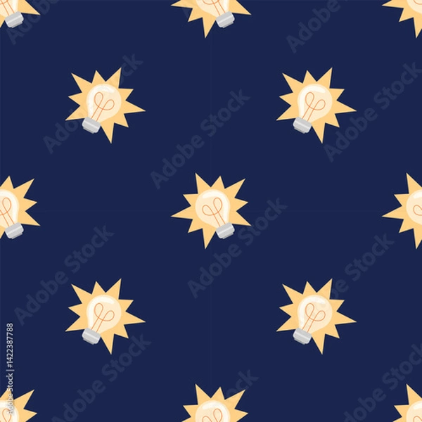 Obraz Seamless pattern with glowing light bulbs on a dark blue background. Symbolizing ideas, creativity, and inspiration. Perfect for education, innovation, and digital design themes.