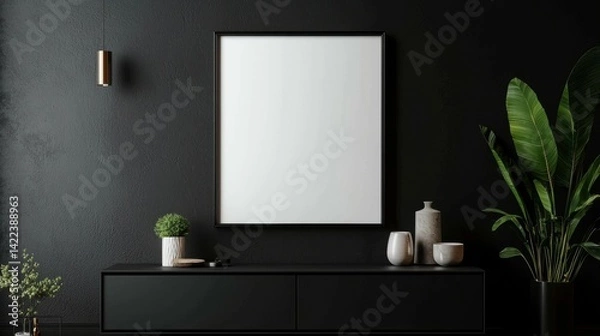 Fototapeta Stylish Mockup Frame Displayed on Cabinet Against a Minimalist Dark Wall in Modern Living Room