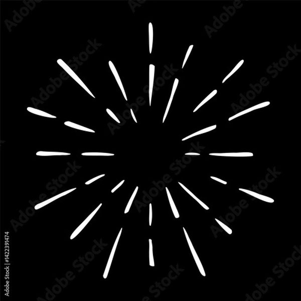 Obraz Vector hand drawn illustration of light rays, firework, sunburst. Vintage style element, round frame, isolated on black background.