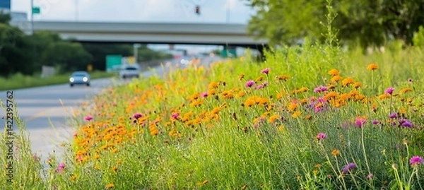Obraz Enhancing Roadside Green Spaces with Native Wildflowers to Promote Biodiversity, Pollinator Habitats, and Ecological Sustainability Along Highways