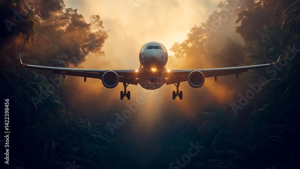 Fototapeta Conceptual image representing biofuel and sustainable aviation. A passenger airplane flies low through a lush green valley, illuminated by warm light, symbolizing eco-friendly flight.