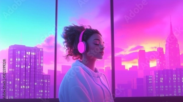 Fototapeta Young woman with headphones listening music against the backdrop of pink clouds and cityscapes