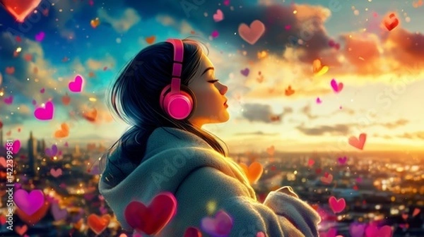 Fototapeta Young woman with headphones listening music, enjoying sunset cityscape