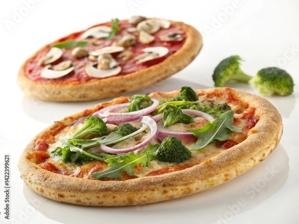 Fototapeta Two flatbread pizzas with different toppings on white background.