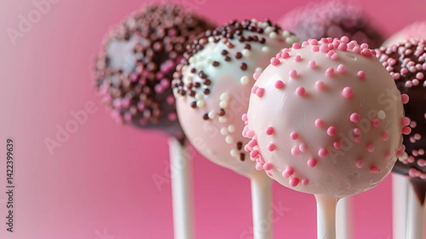 Fototapeta Delicious chocolate and pink frosted cake pops decorated with colorful sprinkles on sticks, close-up against a vibrant pink background, perfect sweet treats for parties and celebrations.

