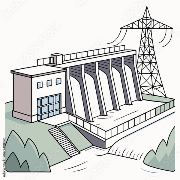 Obraz Hydroelectric Dam And Power Lines Cartoon Illustration For Educational Purposes