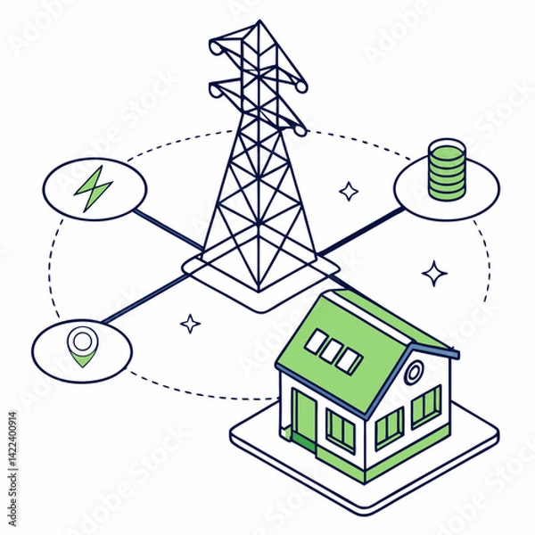 Obraz Modern Home Powered By Renewable Energy With Power Grid And Data Storage