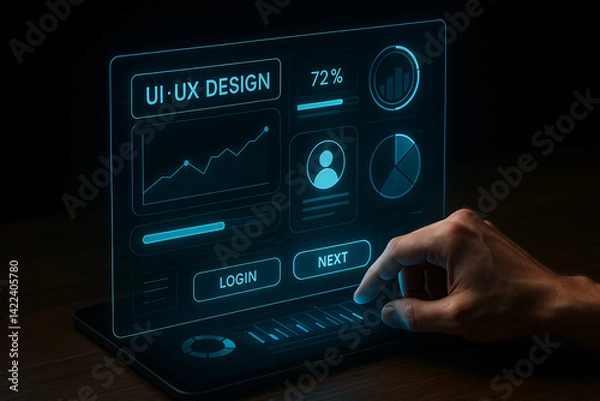 Fototapeta Futuristic UI/UX Design Dashboard on Holographic Laptop Interface – Hand Interacting with Virtual User Interface Elements