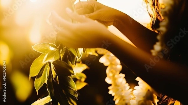 Fototapeta Close-Up of Hands Placing Lei Around Statue of Hawaiian Monarch
