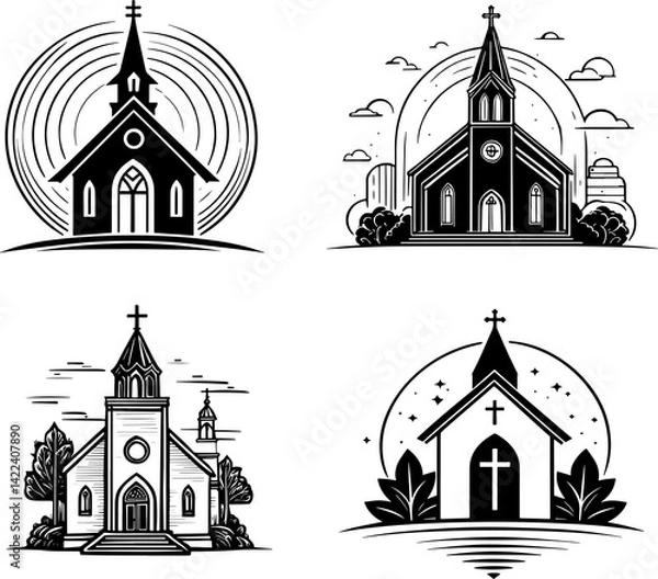 Fototapeta Collection or set of Church silhouette icon 
