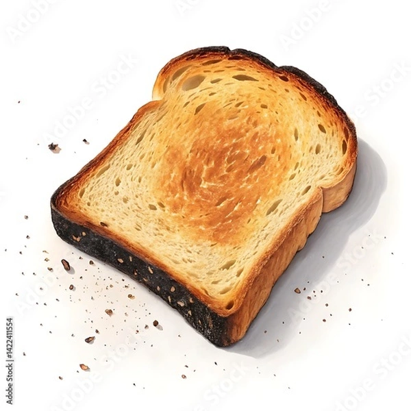 Fototapeta A single slice of burnt toast with crumbs scattered on a white background art
