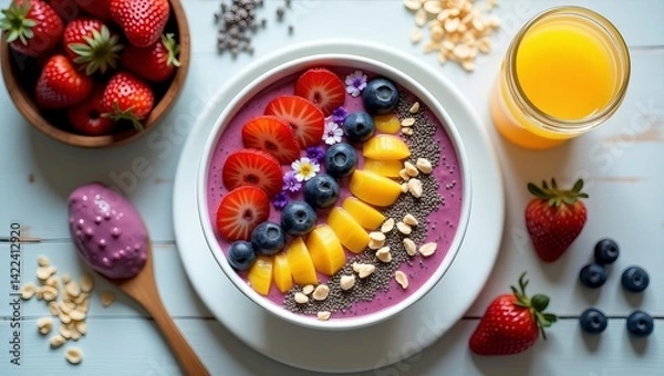 Fototapeta A vibrant smoothie bowl featuring sliced strawberries, blueberries, and mango, a refreshing juice glass on a light, wooden background.