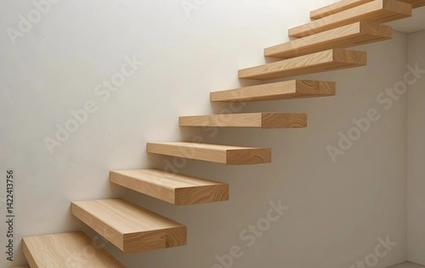 Fototapeta Floating staircase with pale oak treads against a soft clean wall, modern wooden floating stairway