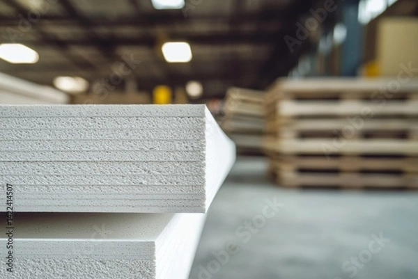 Obraz Close up of white foam board in warehouse with plywood planks and industrial background elements