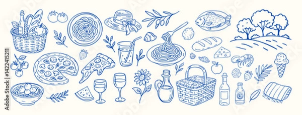 Obraz A blue and white drawing of food and drink items. Dolce vita. The drawing is of a picnic italian summer scene with a basket of food and drinks