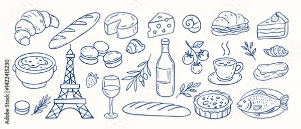 Obraz A blue and white drawing of french food items with a Paris theme. The drawing includes a variety of food items such as sandwiches, cakes, and drinks like wine and coffee