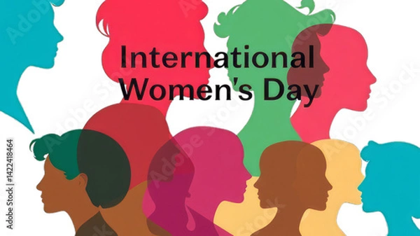 Obraz Vibrant Silhouette Illustration of Diverse Women’s Profiles in Colorful Tones, Celebrating International Women’s Day with Themes of Unity, Empowerment, and Equality
