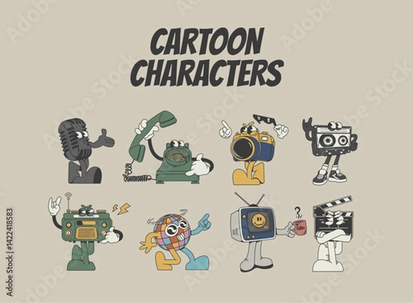 Fototapeta Retro cartoon mascot set featuring vintage tech items in a fun, playful style, vector illustration