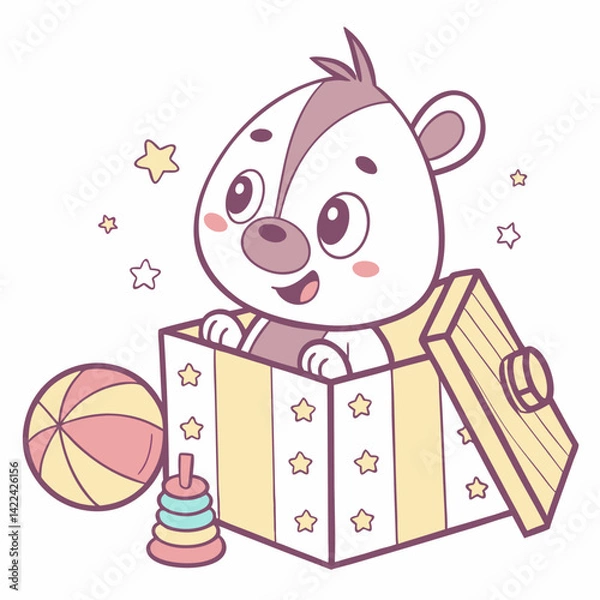 Obraz Cute animal peeking from a small box with playful expressions and toys