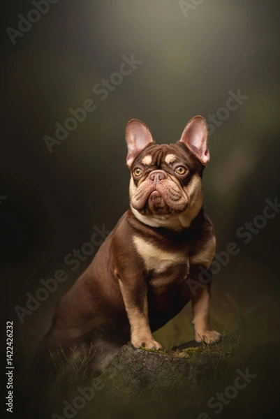 Fototapeta A chocolate French bulldog confidently sits on moss-covered ground, surrounded by green foliage in a tranquil forest setting during the golden hour, highlighting its distinctive features