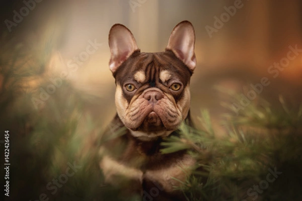 Fototapeta A chocolate French bulldog stands amidst lush foliage in a tranquil forest, showcasing its distinctive features and playful expression while enjoying the natural surroundings