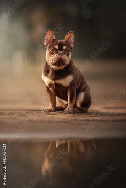 Fototapeta A chocolate French bulldog sits gracefully by a reflective pool in a quiet forest, surrounded by nature’s beauty during the soft glow of golden hour