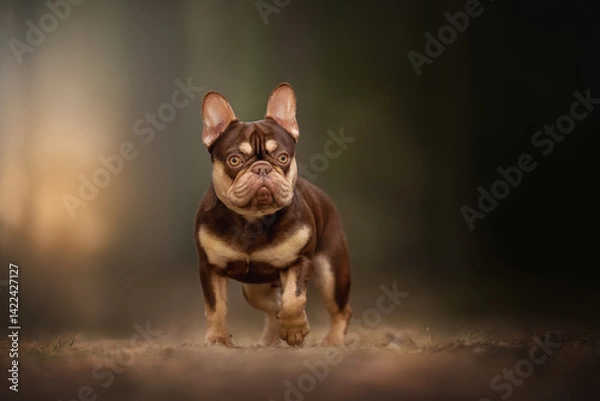 Fototapeta A chocolate French bulldog stands confidently on a forest path, surrounded by soft lighting and lush greenery. Its fur gleams as it gazes curiously into the distance