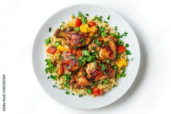 Fototapeta Delicious harissa chicken served with fluffy couscous and vibrant mixed vegetables on a white round plate enhancing the appetizing flatlay presentation