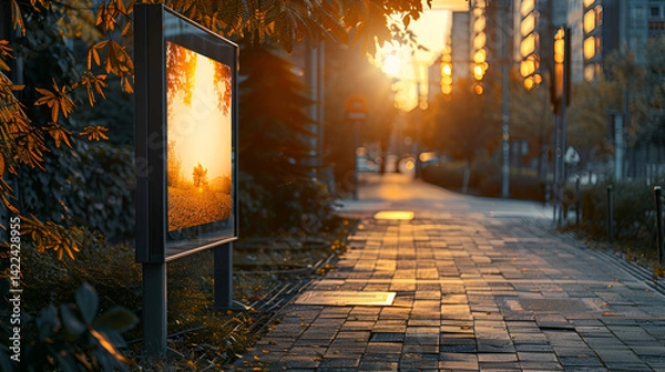 Fototapeta Atmospheric mockup of a blank vertical advertising billboard on a city sidewalk during a vibrant sunset, featuring lens flare, bokeh background, and warm autumn tones for ad placement template.

