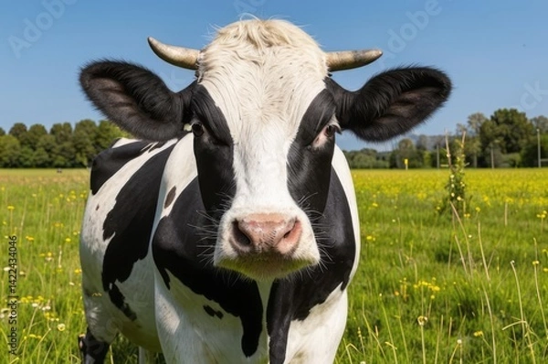 Obraz Majestic close-up of a black and white holstein cow standing in a vibrant green pasture, capturing the beauty of rural farm life on a sunny day with a clear blue sky in the background