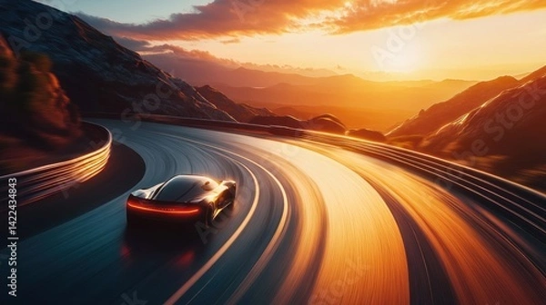 Fototapeta Futuristic vehicle on a winding mountain road at sunset.