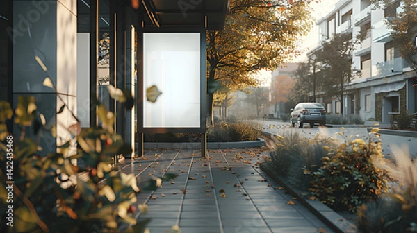Fototapeta Empty vertical advertising billboard mockup at a city bus stop shelter on an autumn street with fallen leaves, providing blank template space for outdoor ads or public information display needs.
