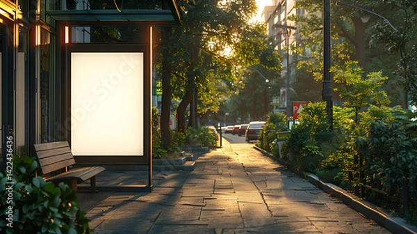 Fototapeta Blank vertical advertising lightbox mockup on a sunny city sidewalk next to lush green trees and a bus stop shelter, perfect for outdoor marketing campaigns and public announcements display template.

