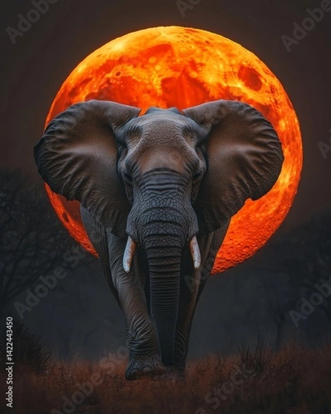 Obraz Majestic elephant approaching the lens with a vibrant orange moon in the background