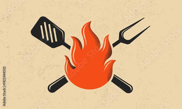 Obraz Grill fire emblem with crossed spatula and fork behind flame, perfect for barbecue logos, cookout designs, food truck branding or BBQ event.