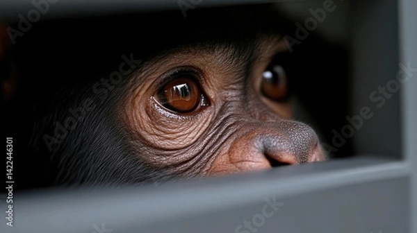 Obraz Captive chimpanzee, looking through bars