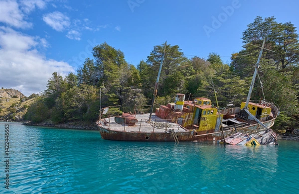 Fototapeta Abandoned ship in General Carrera Lake in Chile - remains of the closed mining industry. A ship located in a way of the boat tour to Marble Caves, attraction in the region.