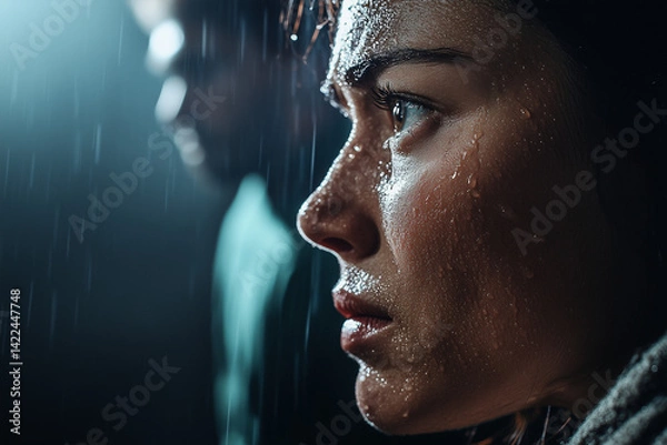 Fototapeta a sad woman's face with a blurred figure of a man behind