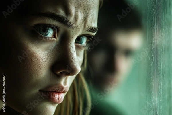 Fototapeta a sad woman's face with a blurred figure of a man behind
