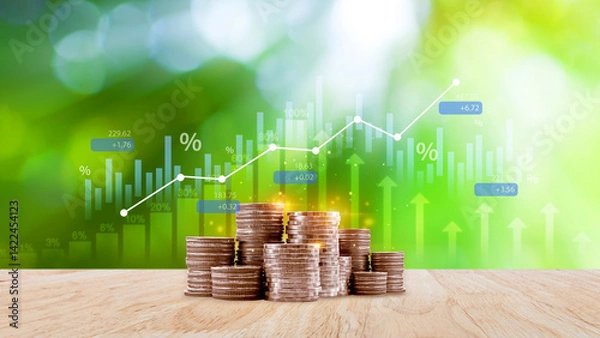Fototapeta Fund investment concept, Interest rate, percentage and arrow investment on coin instead of return return index fund and mutual fund return long term investment retirement fund