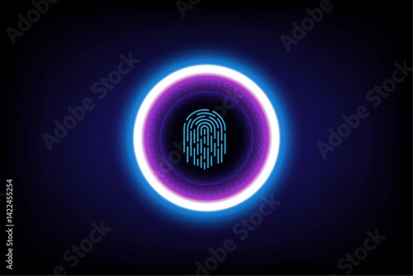 Obraz Sci-fi graphic digital fingerprint inside glowing blue and purple energy ring, giving modern and futuristic feel, related to cybersecurity, identity verification technology, biometric security systems