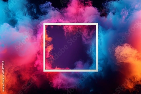 Fototapeta Bright Colorful Smoke Swirling in Vibrant Hues With a White Frame in the Center
