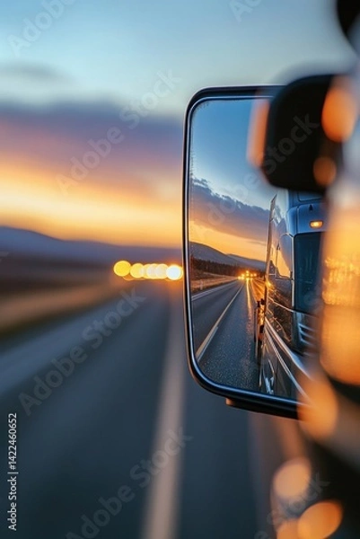 Fototapeta Reflection of truck in rear view mirror during sunset