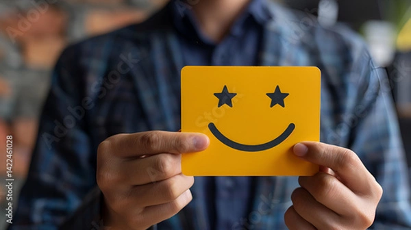 Fototapeta Man holding a bright yellow card with a hand-drawn smiley face symbol, representing positive customer feedback, satisfaction survey results, excellent service rating, and overall happiness.
