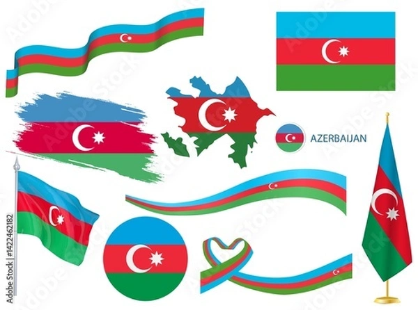 Obraz Big set of Azerbaijan ribbons, symbols, icons and flags isolated on a white background, Made in Azerbaijan, Welcome to Azerbaijan, premium quality, Azerbaijan color, set for your infographics