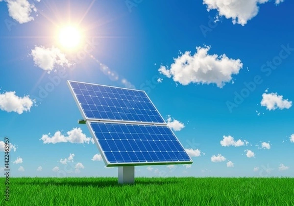 Obraz Stylized illustration of a Solar panel stands on the grass against a blue sky